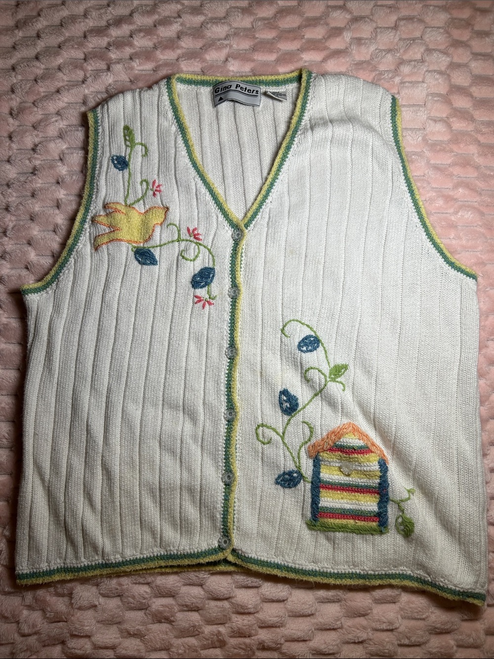 Gina Peters Embroidered Sleeveless Cardigan Vest with Yellow & Green Trim